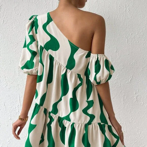 Boho Smock Dress, Asymmetrical Neck Puff Sleeve Ruffle Hem Mini dress - Picture 3 of 6